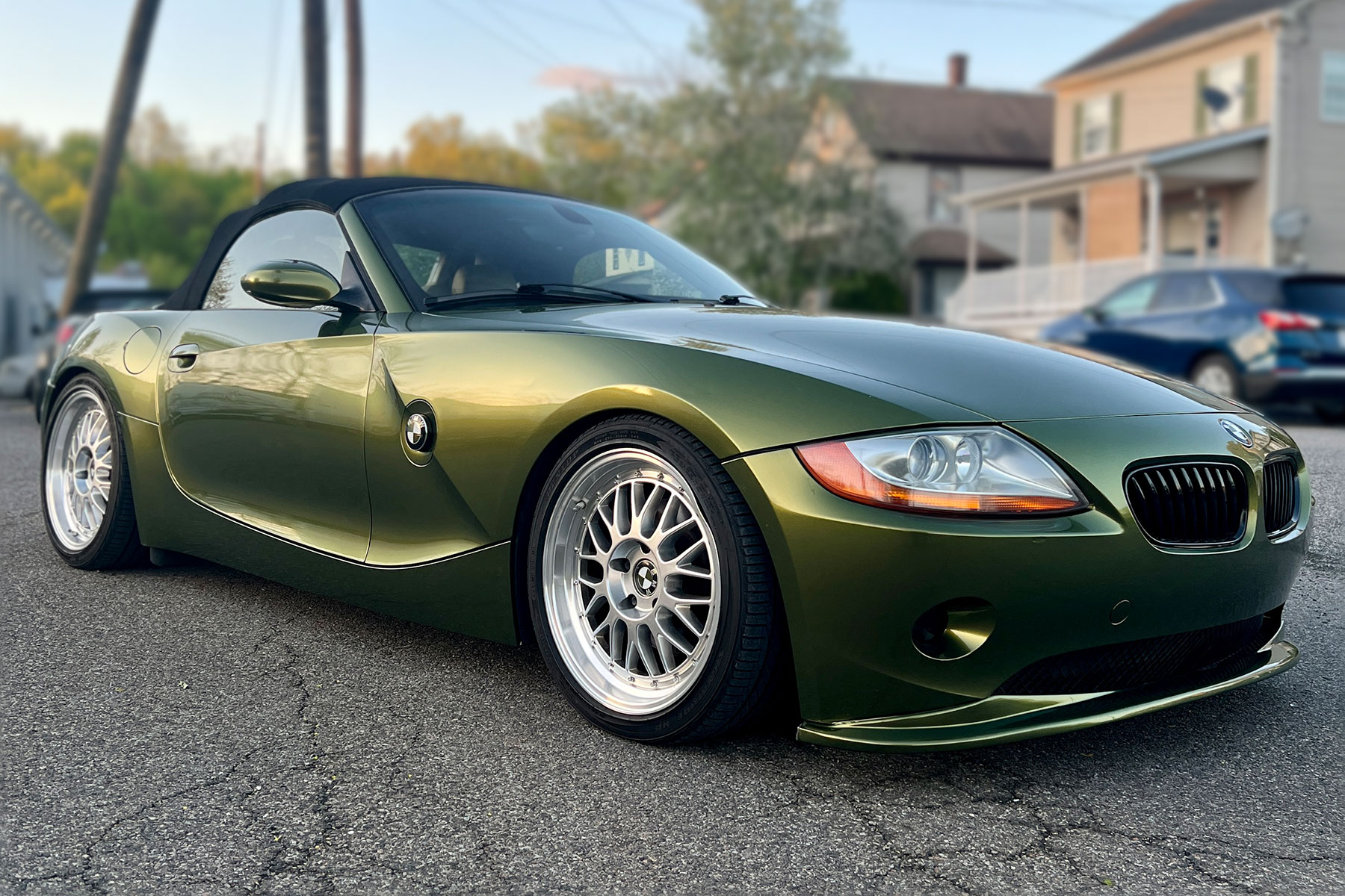 2003 BMW Z4 vinyl wrapped in TinyBot Movement Green